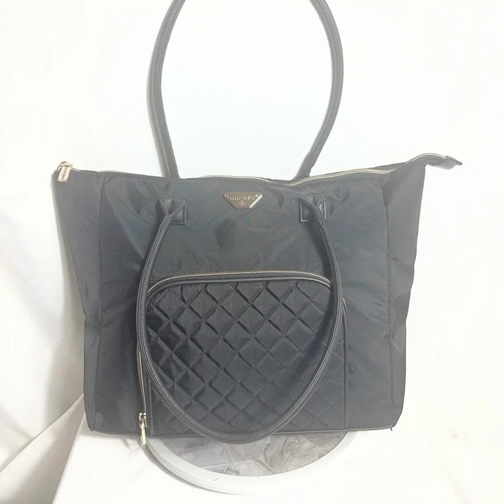 Ellen Tracy Black Nylon Tote Bag Quilted Pocket Large Zip Shoulder Bag